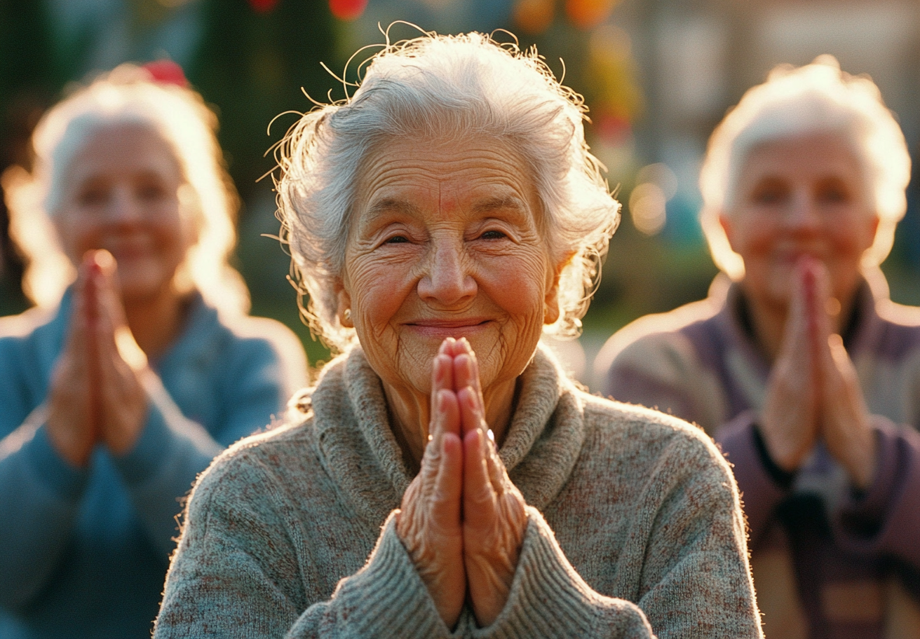 Жінка старшого віку практикує йогу